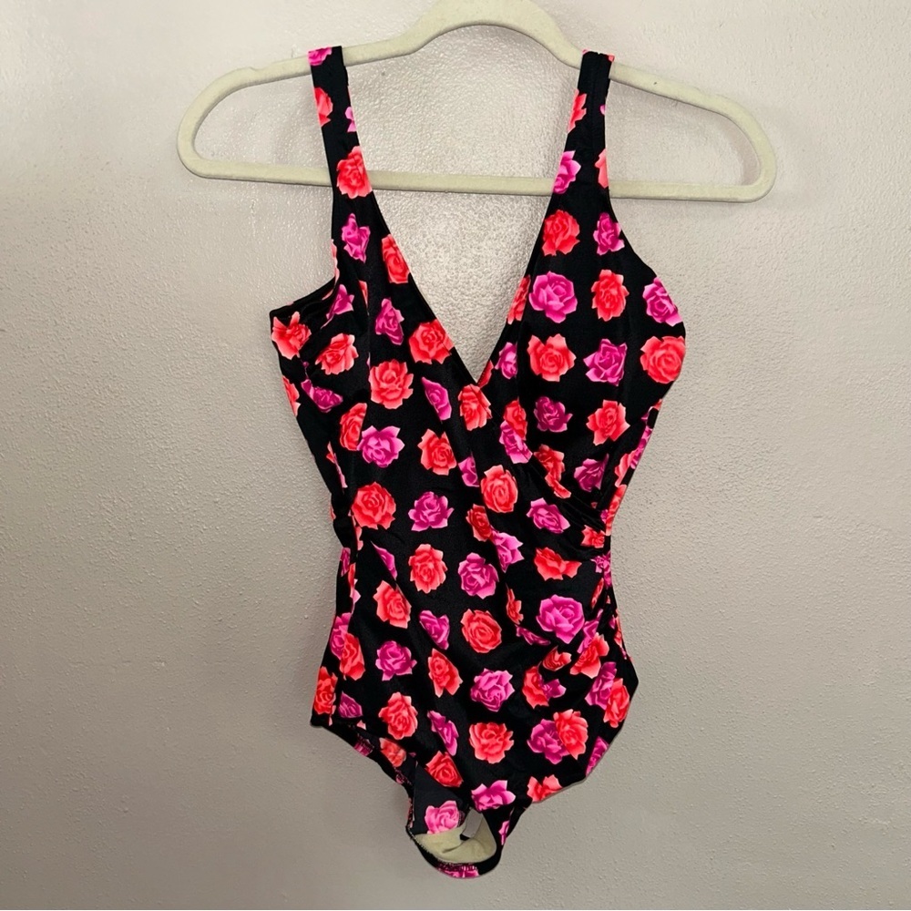 Miraclesuit Black One-Piece Swimsuit with Red & Pink Rose Print